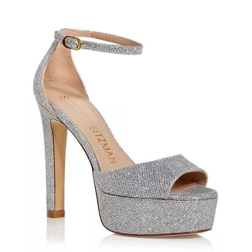 $575 STUART WEITZMAN Disco Platform Sandals SILVER (MULTI GLITTER) 8 (PB16)